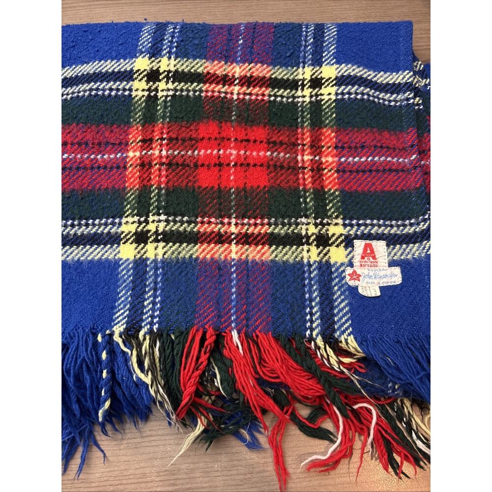John Wanamaker Plaid Blue & Red Made in England Vintage Blanket 46x36 In.